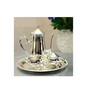 New Arrival Handmade Silver Finished Tea Coffee Set Traditional Intricated Stainless Steel Metal Long Mouth Coffee Pot