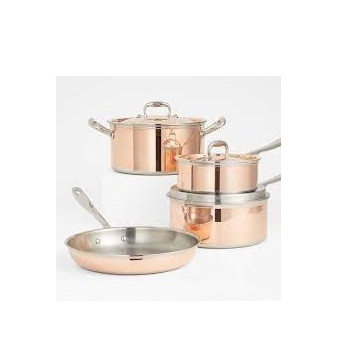 Glossy Polished Stainless Steel Inner Coating Metal Cookware Sets Nonstick Fry Pan Cooking Pot with Brass Handles Kitchen Ware