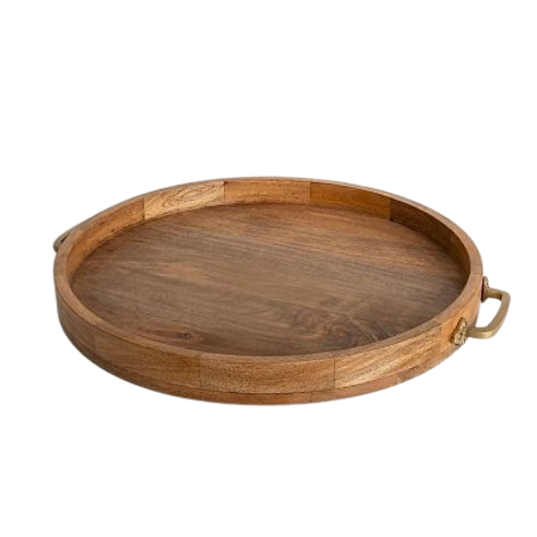 Food Serving Rounded Ottoman Tray Wooden Serving Tray with Metal Handles for Eating Breakfast Wooden Serving Tableware