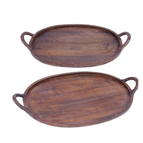 Food Serving Rounded Ottoman Tray Wooden Serving Tray with Metal Handles for Eating Breakfast Wooden Serving Tableware