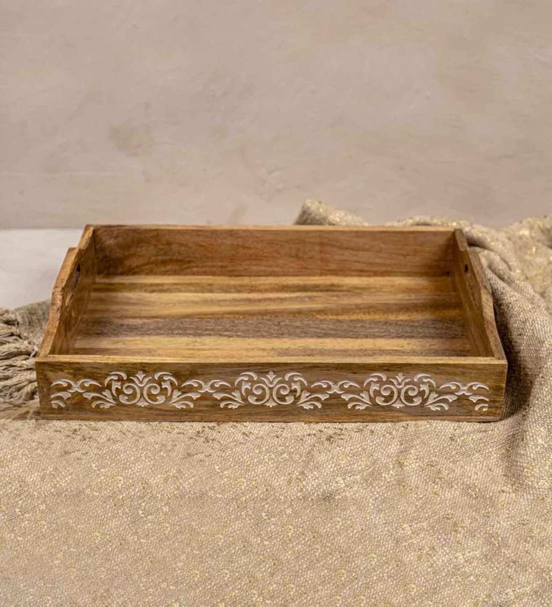 Handmade Wooden Serving Tray Natural Wooden Tabletop Fast Food Serving Tray With Side Handle Flatware Decorative Wooden Tray