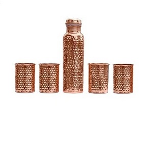 Copper Water Bottle Set of Four Glass Antique Finished Sturdy Copper Water Bottle with Tumblers Kitchen Tabletop