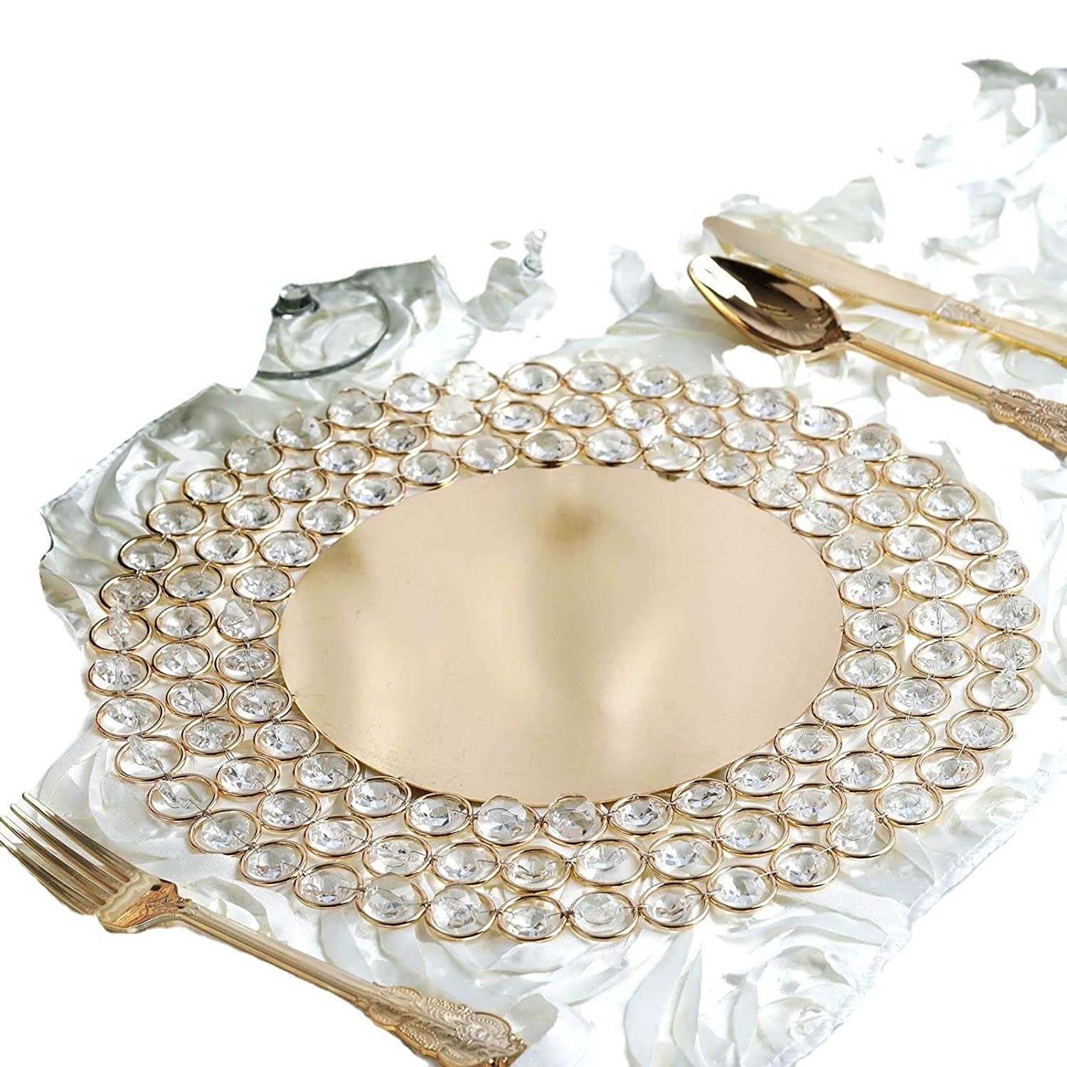 Crystal Beaded Border Rounded Shape Designer Metal Tabletop Decorative Charger Plate for Home and Hotel Usage