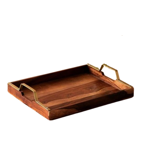 Food Serving Rounded Ottoman Tray Wooden Serving Tray with Metal Handles for Eating Breakfast Wooden Serving Tableware