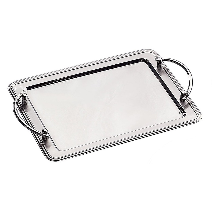 Food Serving Tray Home And Restaurant Rounded Dessert Tray Shiny Polished Aluminum Metal Serving Tray with Handles