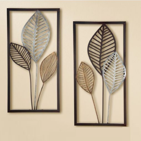 Silver Metallic Leaves Wall Decor 2-Piece Set for Living Room Bedroom Home Office Metal Art