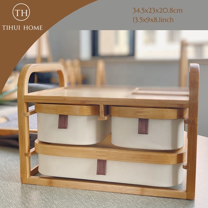 Tihui Home Bamboo Cloth Combination Desktop Storage Box Cosmetic Jewelry Storage Box High-End Customization With Three Drawers