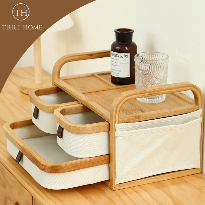 Tihui Home Bamboo Cloth Combination Desktop Storage Box Cosmetic Jewelry Storage Box High-End Customization With Three Drawers