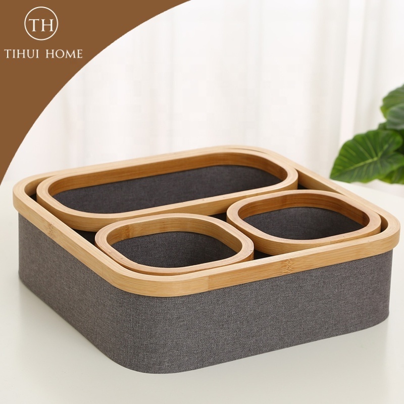 Tihui Home Fabric Storage Basket Set of 4 for Cube Shelf Closet Bookcase Drawer Cabinet Multipurpose Organizer Bin with Bamboo R