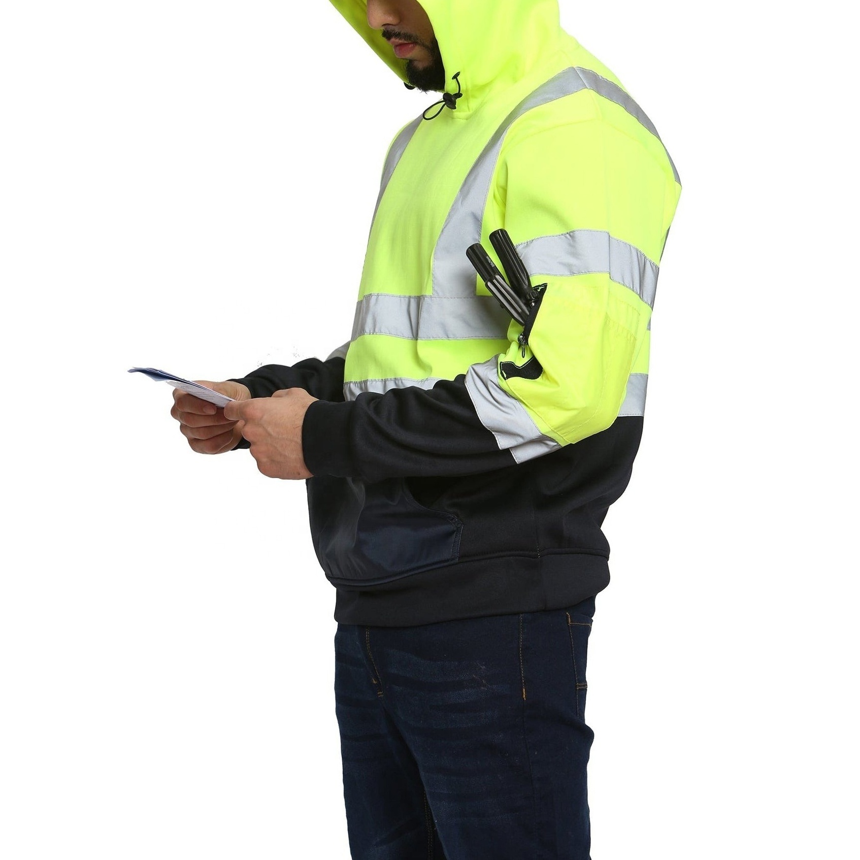 High visibility Waterproof Hi Vis Clothing Softshell Safety hoodie FOB security jacket hoodie  reflective hoodie for men