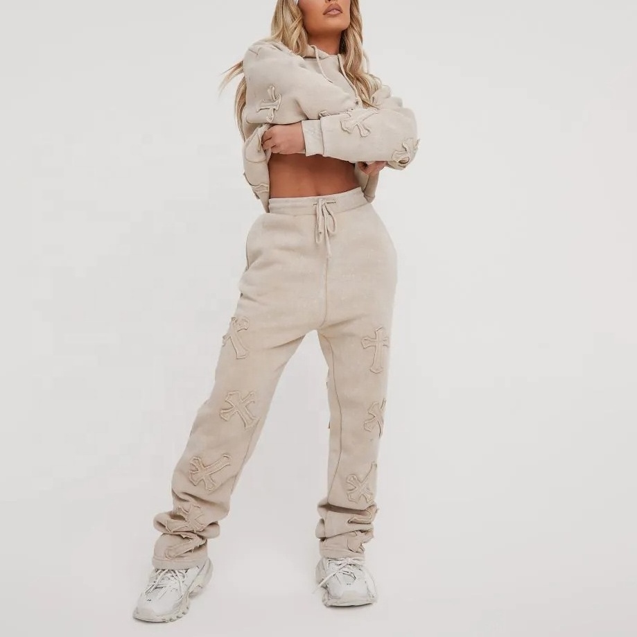 wholesale heavy Weight Acid Wash tracksuit Vintage Hoodie and Sweat Pant OEM ODM Service Custom logo Acid Wash Sweat Suit women