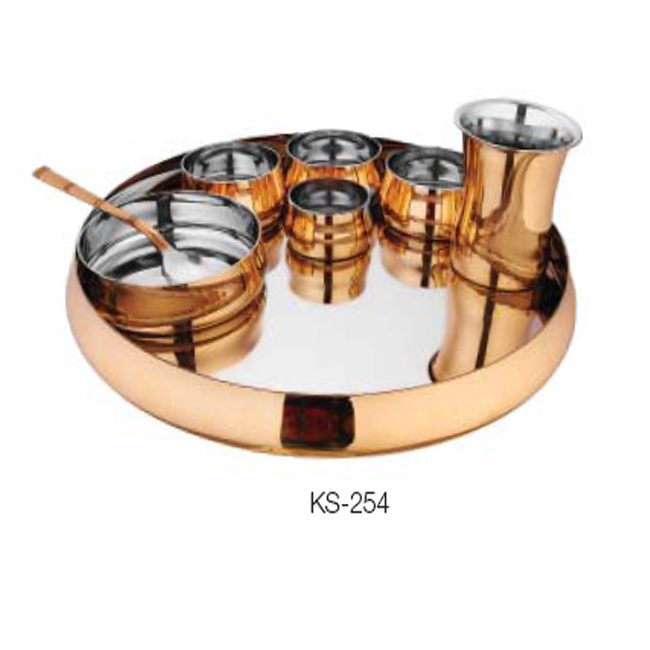 Luxury Design THALI Set Dinnerware Set / COPPER THALI Set Stainless Steel Cup Kit Engraving Round Pattern Western Metal 24