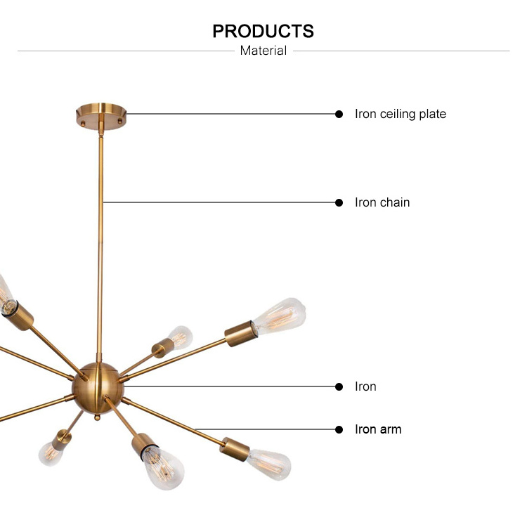 Contemporary 8 Lights Modern Iron Pendant lighting Brass Color Mid Century Chandelier Light Fixture