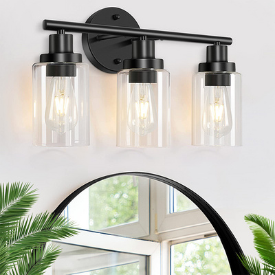 Modern Hallway Living Room Vanity Light Bedroom Over Mirror Wall Sconces Black Clear Glass Shade 3-Light Bathroom Wall Lights