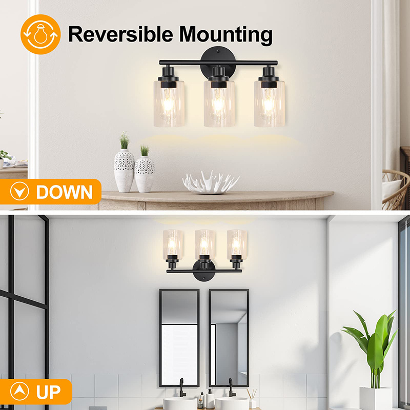 Modern Hallway Living Room Vanity Light Bedroom Over Mirror Wall Sconces Black Clear Glass Shade 3-Light Bathroom Wall Lights