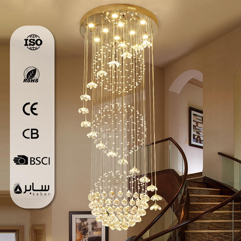 Custom Hotel Large Long Ceiling Luxury Led Staircase Modern Villa Decorative Lights Crystal Chandelier Ceiling Light