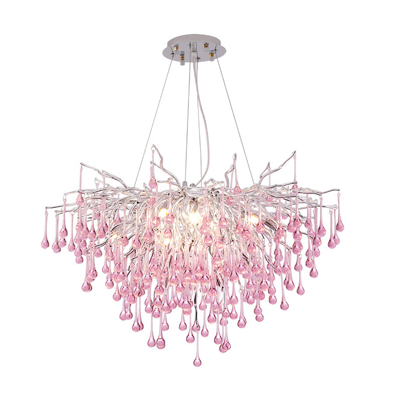 Round Tree Twig Branch Modern Farmhouse Accent Dining Table Living Room Pink Crystal Chandelier Pendant Lighting Fixture