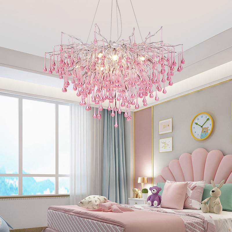 Round Tree Twig Branch Modern Farmhouse Accent Dining Table Living Room Pink Crystal Chandelier Pendant Lighting Fixture