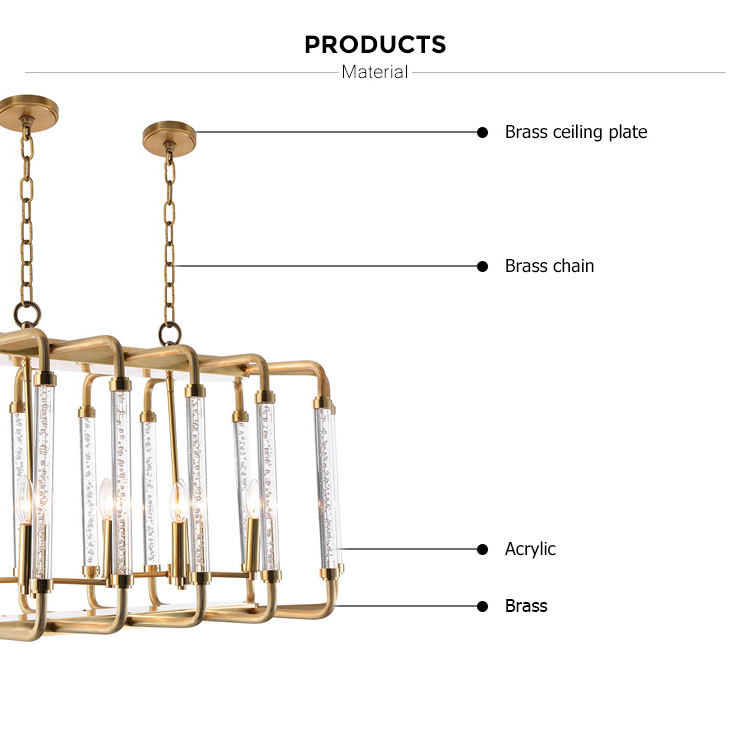 OEM/ODM Small Order Solid Brass Acrylic Decoration Gold LED Rectangular Chandelier for Dining Room