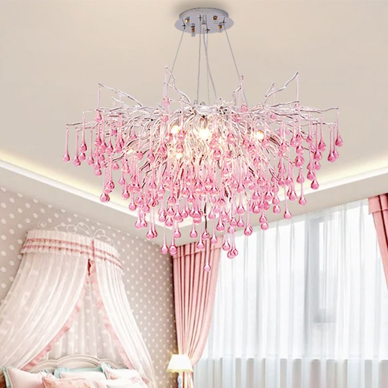 Round Tree Twig Branch Modern Farmhouse Accent Dining Table Living Room Pink Crystal Chandelier Pendant Lighting Fixture