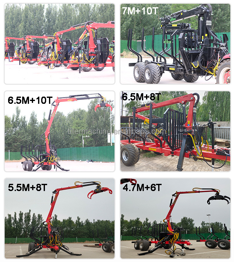 forestry machine ATV wood log crane carrier trailer diesel pump hydraulic 4WD driver tong grab timber crane with tractor