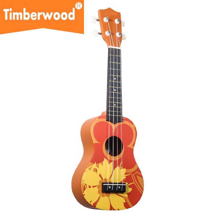 21 inch soprano orange flower Hawaii ukulele four string small guitar basswood ukulele for kids for OEM ukulele factory