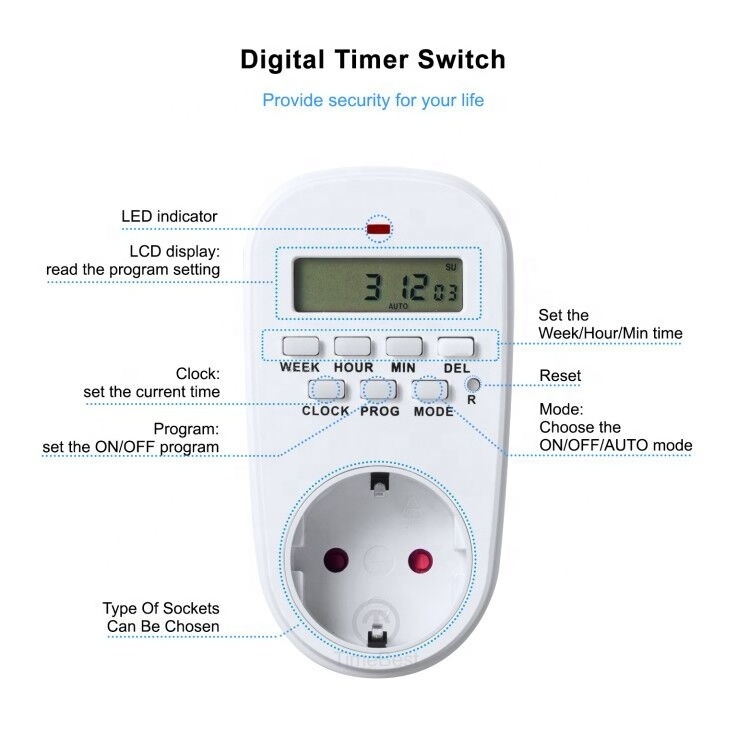 220-240V Smart Travel Adapter Timer Switch EU Plug AC Power Weekly Digital Timer Plug Socket