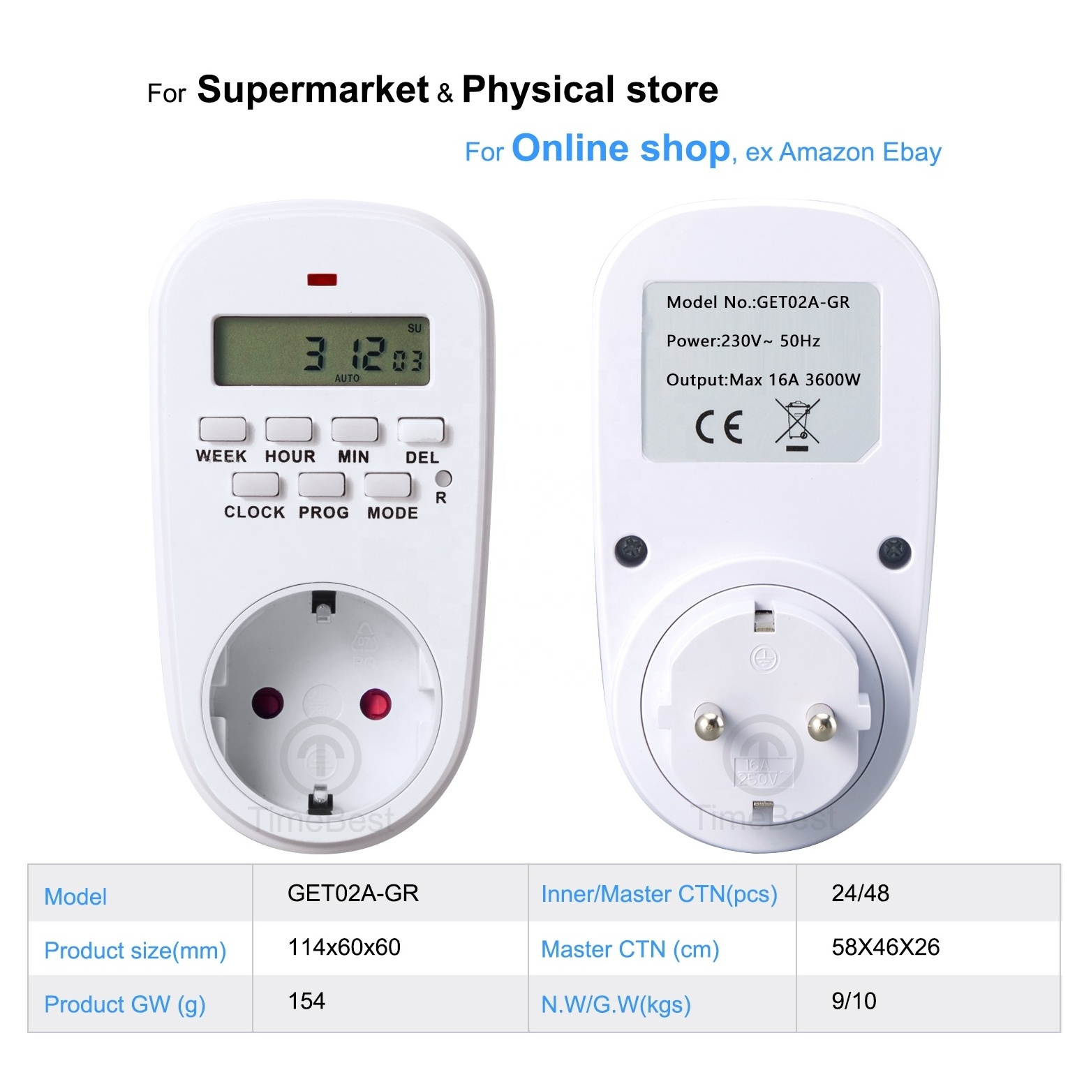 220-240V Smart Travel Adapter Timer Switch EU Plug AC Power Weekly Digital Timer Plug Socket