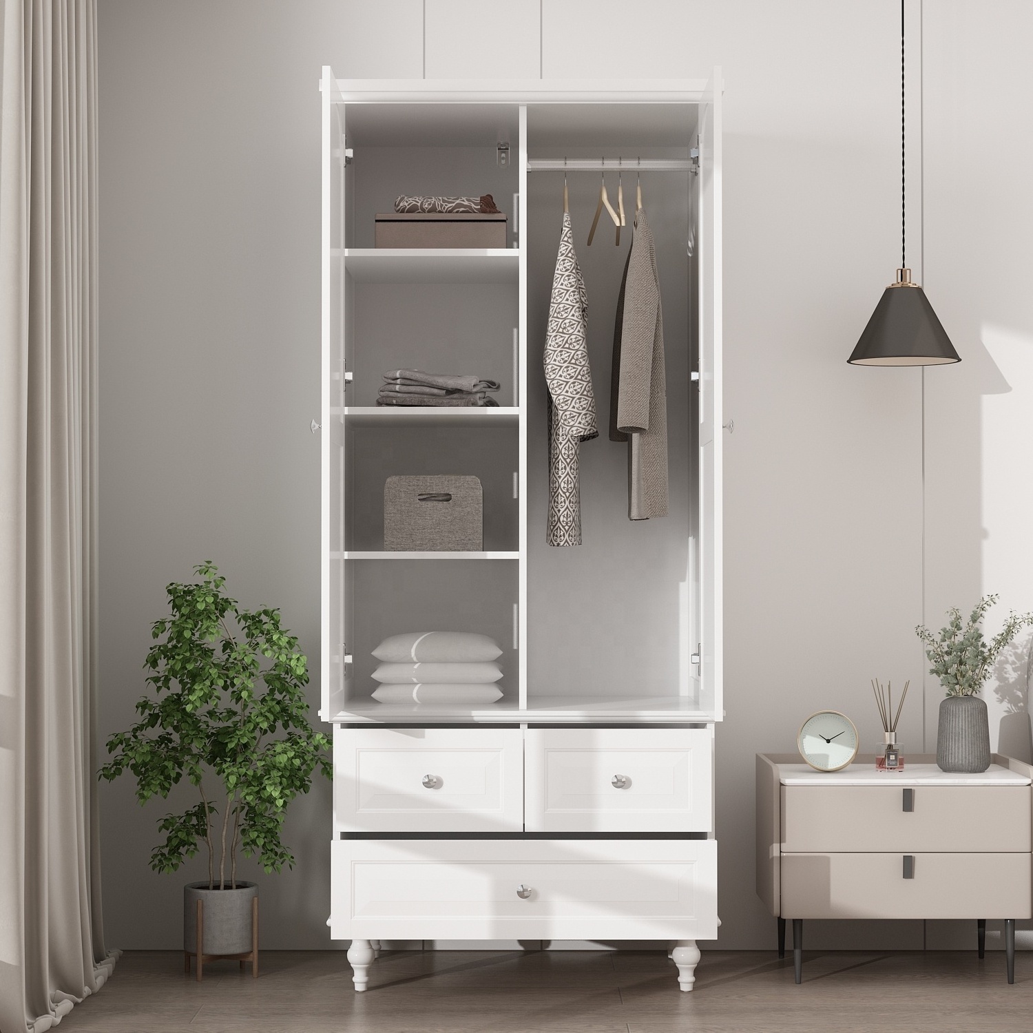 Wholesale Modern Simple 2-Doors 3-Drawers Freestanding White Bedroom Furniture Wooden Wardrobe for Storage Closet Wardrobe