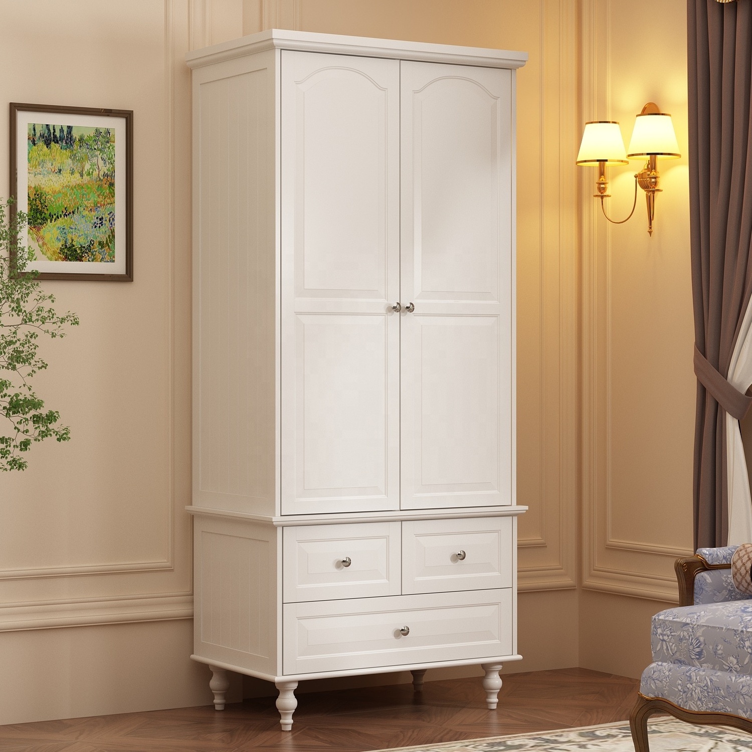 Wholesale Modern Simple 2-Doors 3-Drawers Freestanding White Bedroom Furniture Wooden Wardrobe for Storage Closet Wardrobe