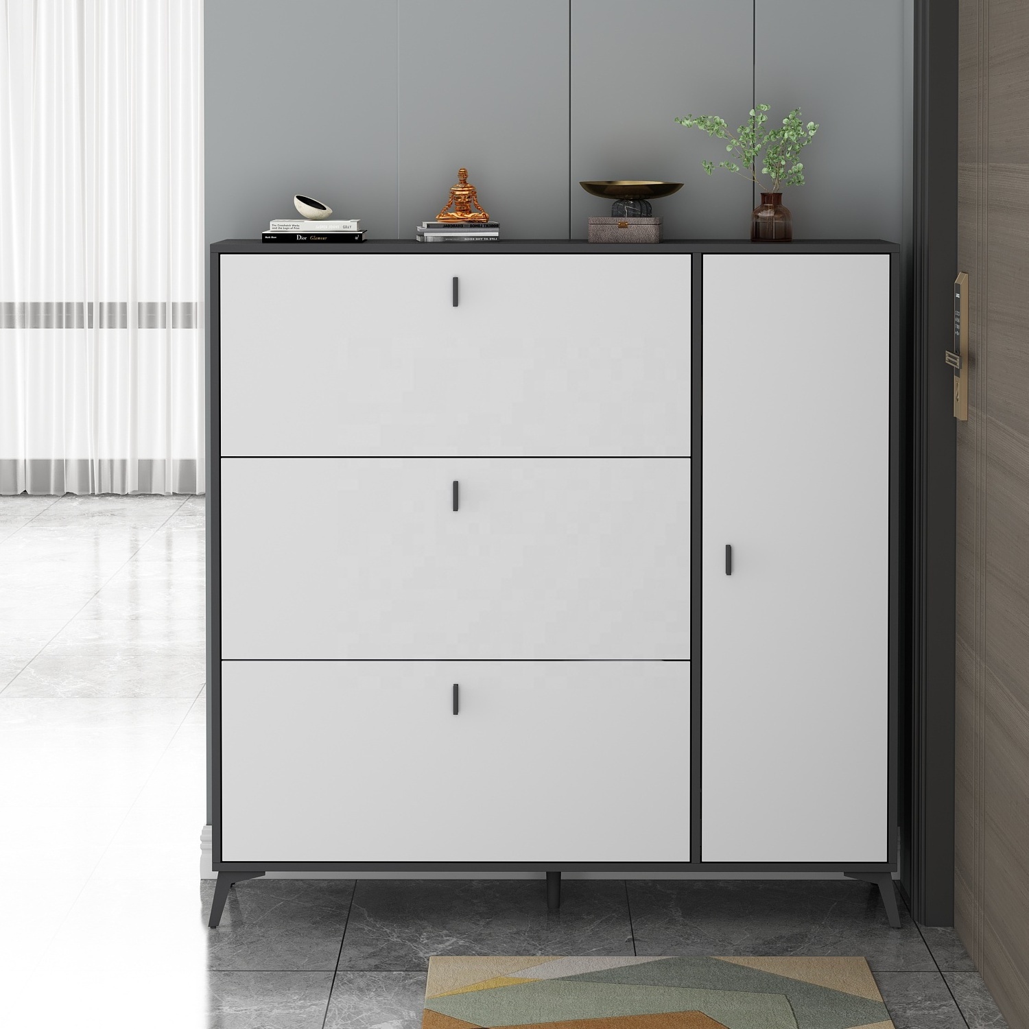 Modern Simple Black White Wooden Shoe Storage Cabinet 1 Door 3 Tipping Bucket Home Furniture Entryway Slim Shoe Rack Cabinet