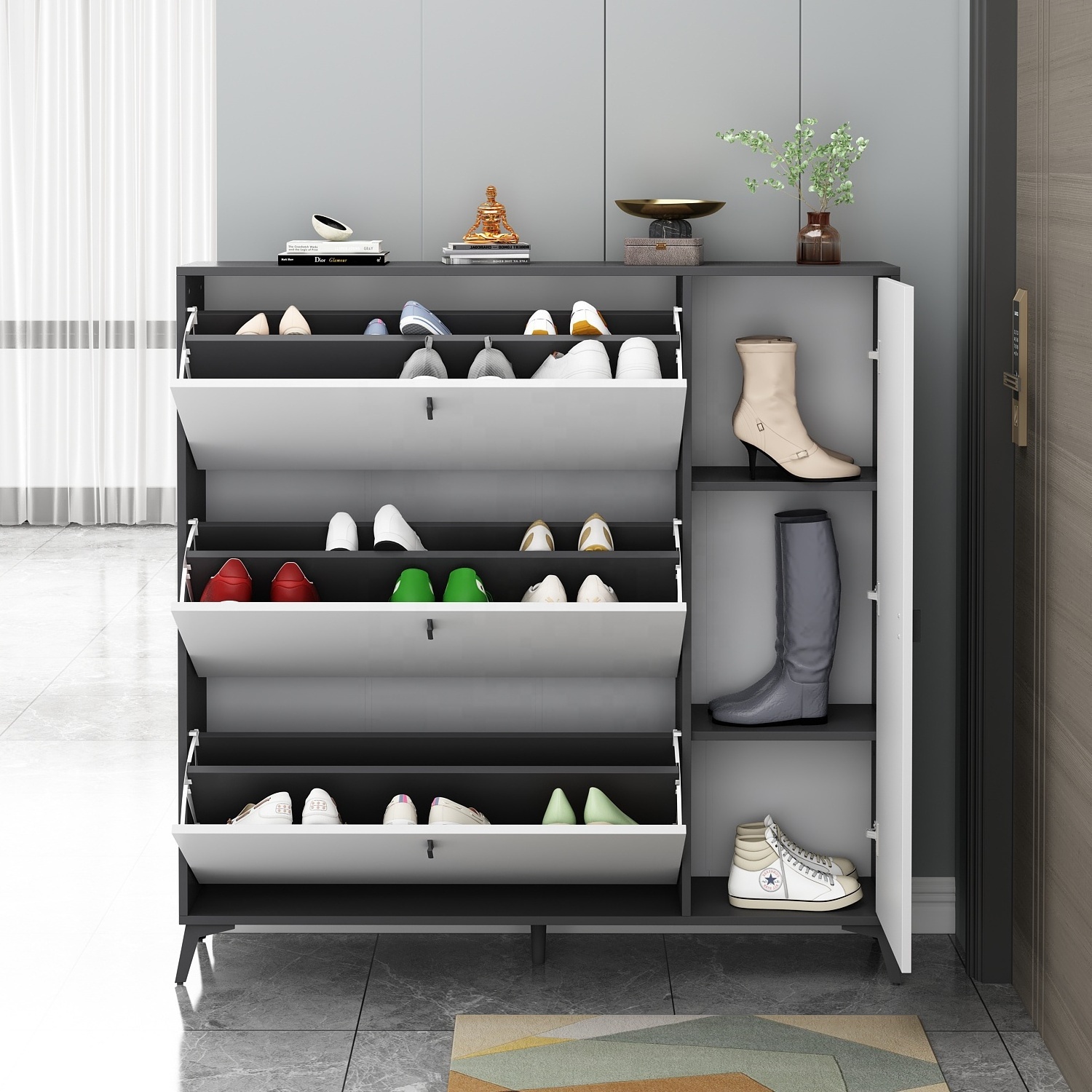 Modern Simple Black White Wooden Shoe Storage Cabinet 1 Door 3 Tipping Bucket Home Furniture Entryway Slim Shoe Rack Cabinet