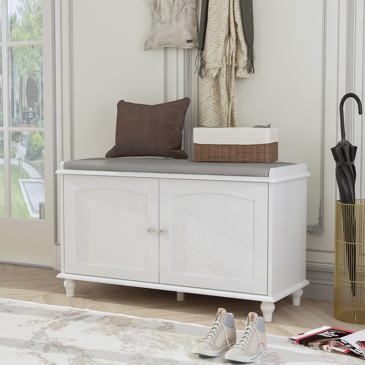 Household Furniture White 2-Tier 2-Doors Wooden Shoe Storage With Soft Seat Entryway Shoe Cabinet With Adjustive Shelves