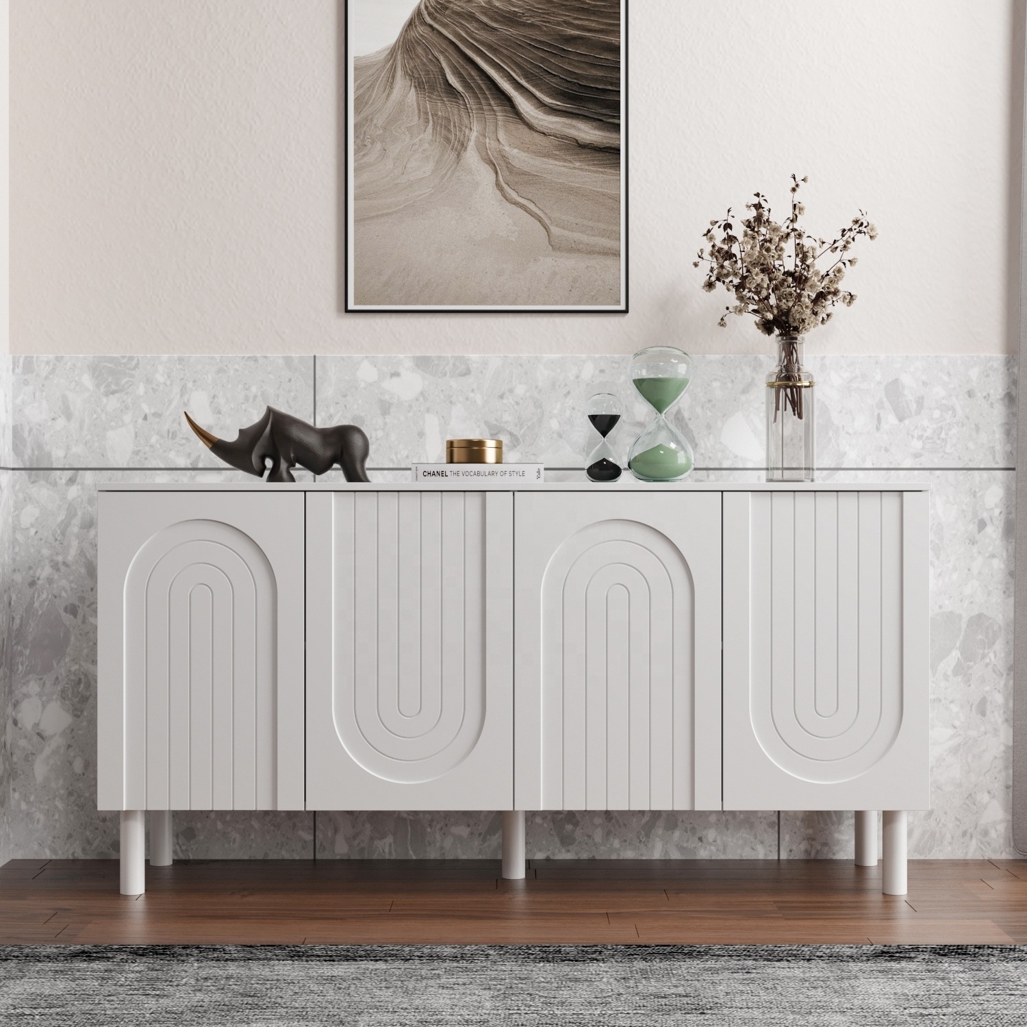 Modern Arched Striped Decoration 2-Tier with 4 Doors White Corner Table Wooden Side Table Multifunctional Furniture Cabinet