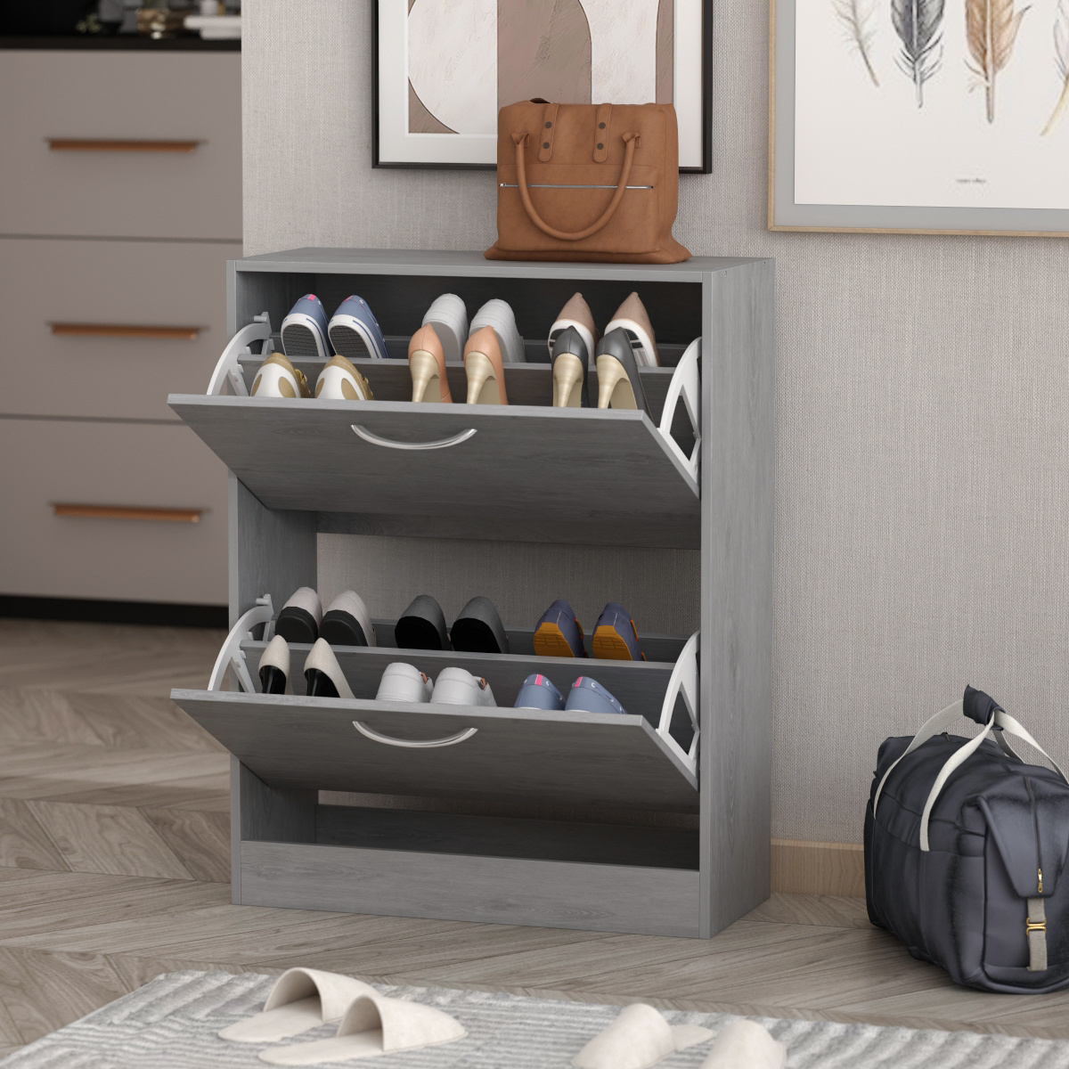 16-Pair Gray Wood 2-Drawer Shoe Storage Cabinet with Foldable Compartments