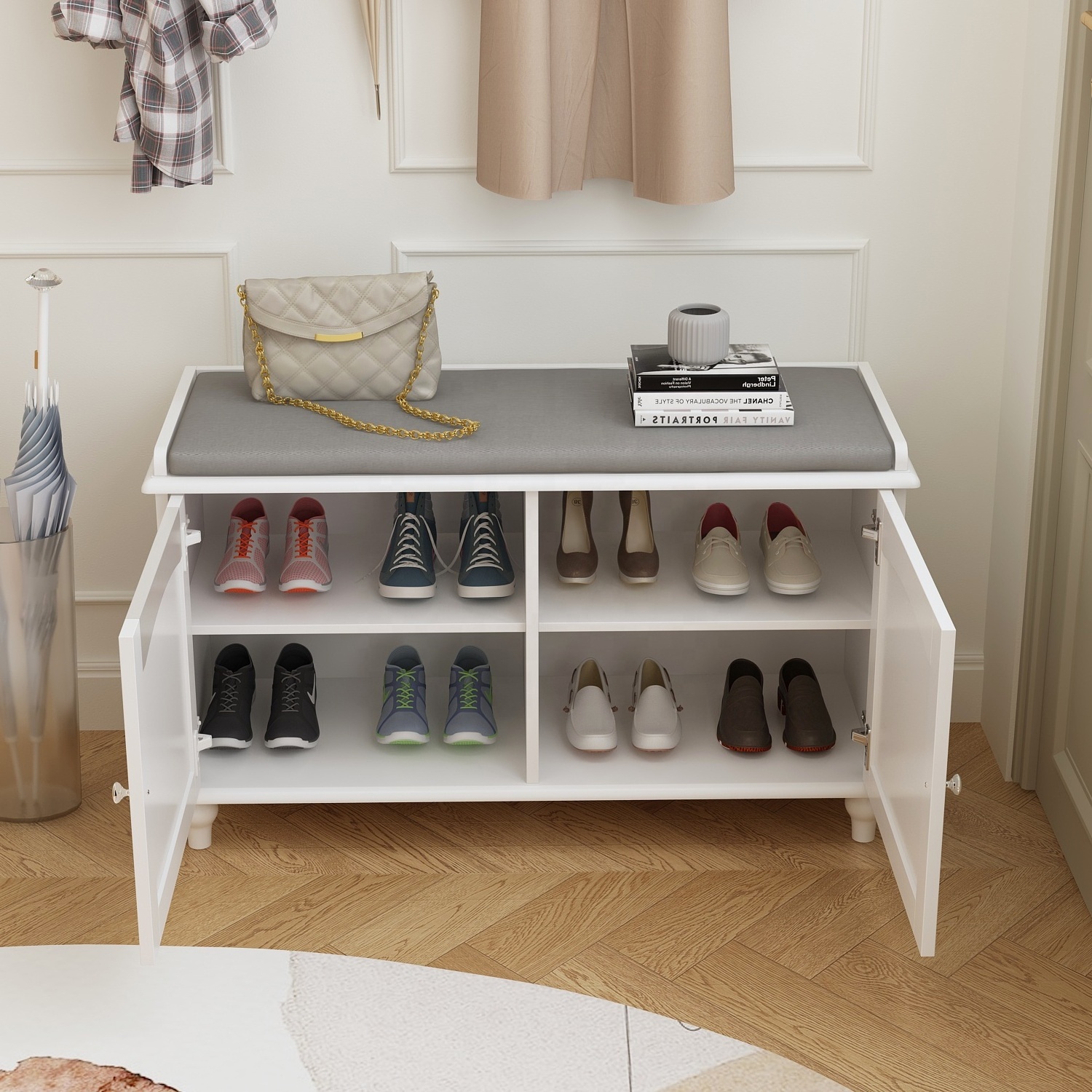 Household Furniture White 2-Tier 2-Doors Wooden Shoe Storage With Soft Seat Entryway Shoe Cabinet With Adjustive Shelves