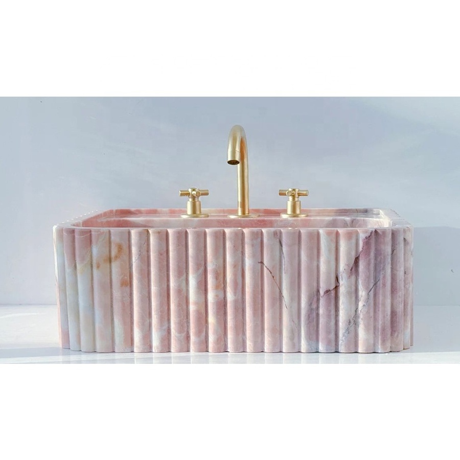 Custom Order Luxury Tabletop Bathroom  Hand Carved  Marble Sink With Ribbed on Three Side  Pink Marble Sink Wall Mount Sink