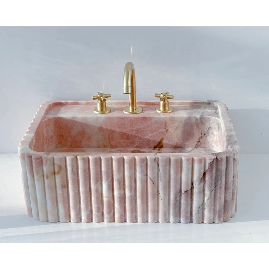 Custom Order Luxury Tabletop Bathroom  Hand Carved  Marble Sink With Ribbed on Three Side  Pink Marble Sink Wall Mount Sink