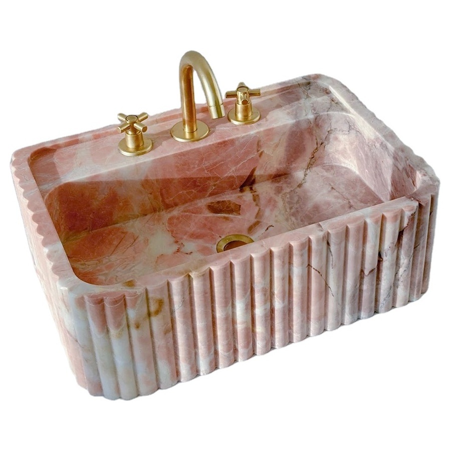 Custom Order Luxury Tabletop Bathroom  Hand Carved  Marble Sink With Ribbed on Three Side  Pink Marble Sink Wall Mount Sink