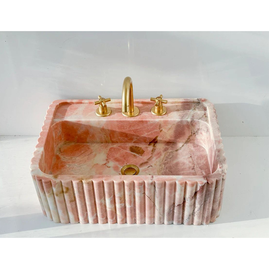 Custom Order Luxury Tabletop Bathroom  Hand Carved  Marble Sink With Ribbed on Three Side  Pink Marble Sink Wall Mount Sink