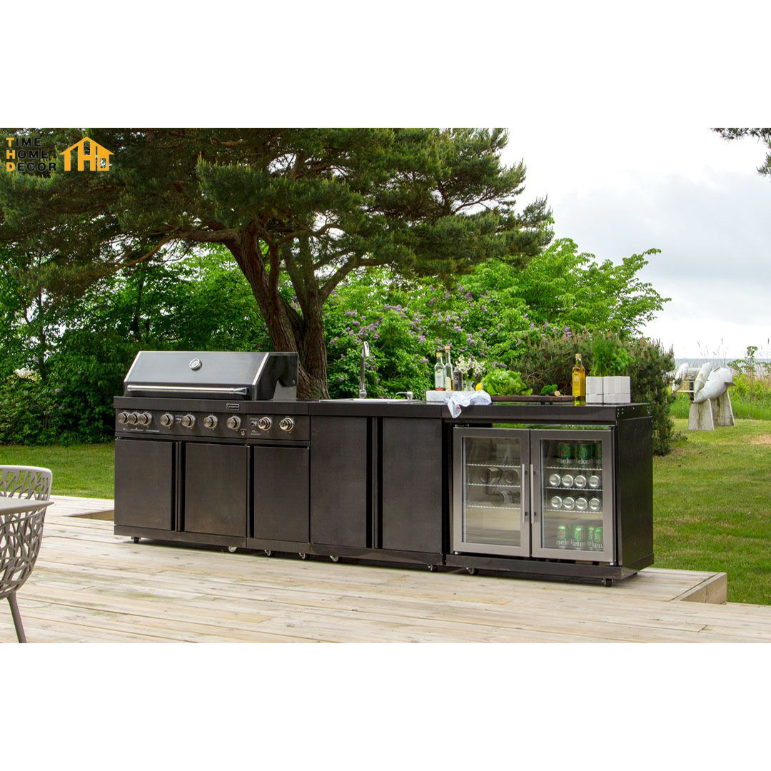 Customized Outdoor Use Stainless Steel Black Kitchen And Counter Top With Mini Glass Fridge And Led Light