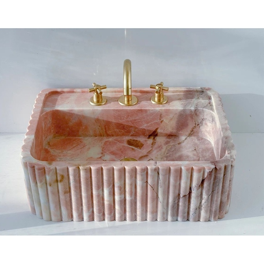 Custom Order Luxury Tabletop Bathroom  Hand Carved  Marble Sink With Ribbed on Three Side  Pink Marble Sink Wall Mount Sink