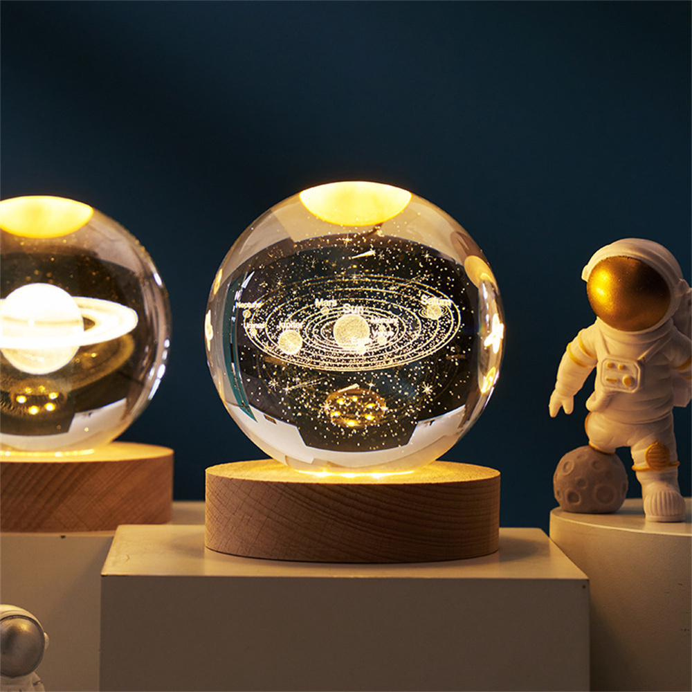 Crystal ball Crystal Astronaut Planet Globe 3D Laser Engraved Solar System Ball with Touch Switch LED Light Base Astronomy Gif