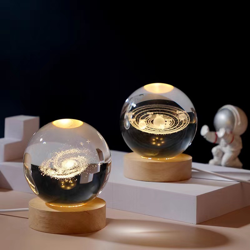 Crystal ball Crystal Astronaut Planet Globe 3D Laser Engraved Solar System Ball with Touch Switch LED Light Base Astronomy Gif