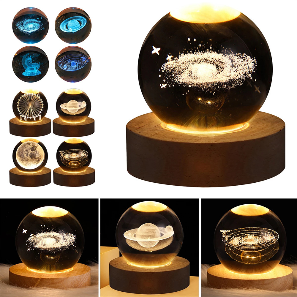 Crystal ball Crystal Astronaut Planet Globe 3D Laser Engraved Solar System Ball with Touch Switch LED Light Base Astronomy Gif