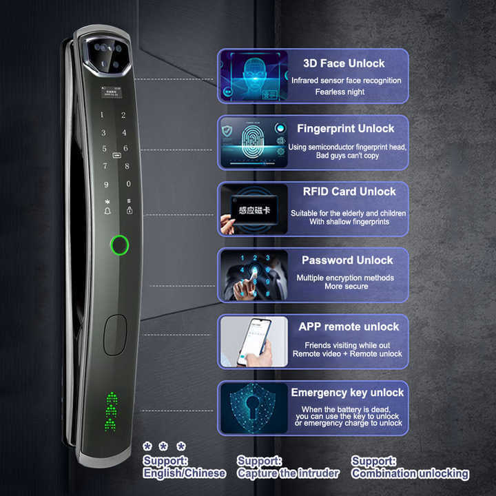 919 OEM 7 Ways Unlock Keyless App Remote Control 3d Face Recognition Wifi Fingerprint Smart Door Lock With Camera