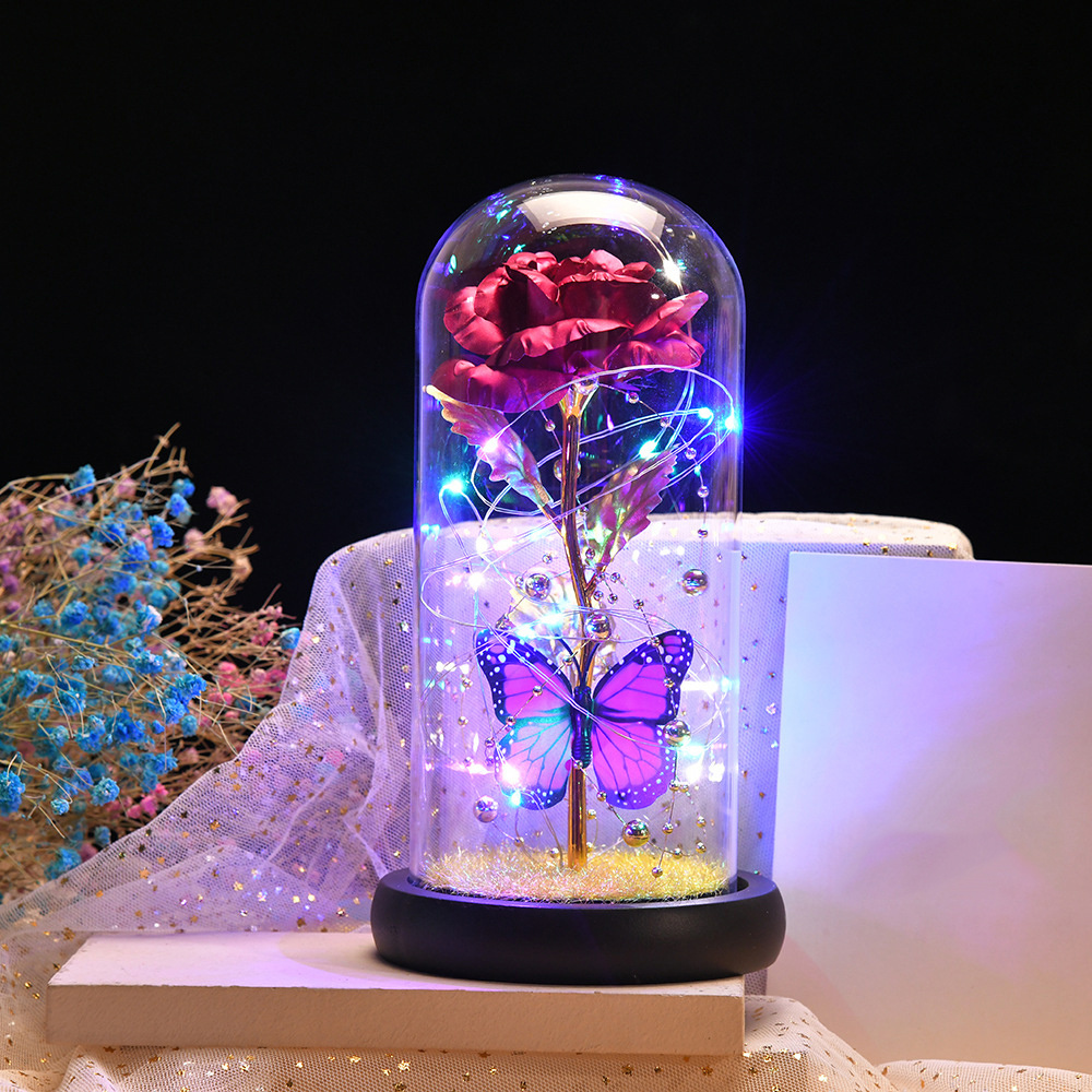 Valentine'S Day Navidad 2023 Forever Rose Flowers Artificial Rose In Glass Dome With Butterfly