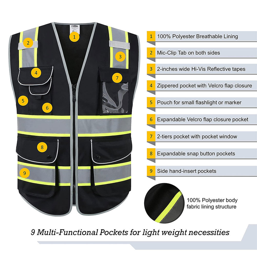 High Quality Multi Pockets Hi Vis Vest Customized Reflective Vest Night Safety Construction Road Work Safety Vest