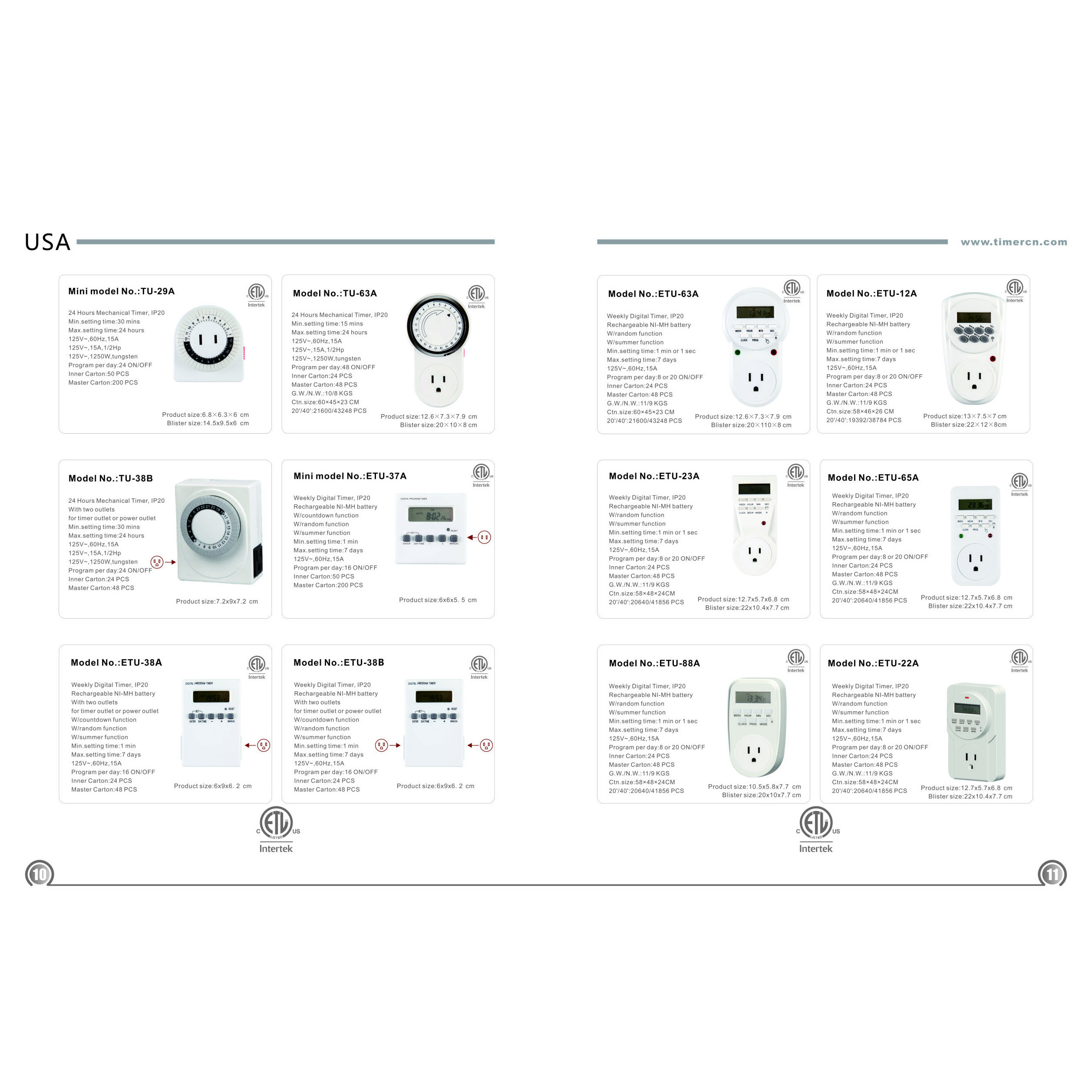 TU-38A USA America 24 Hours Programmable Manual Mechanical Timer Plug Sockets Switches for Home Appliance 125V/15A