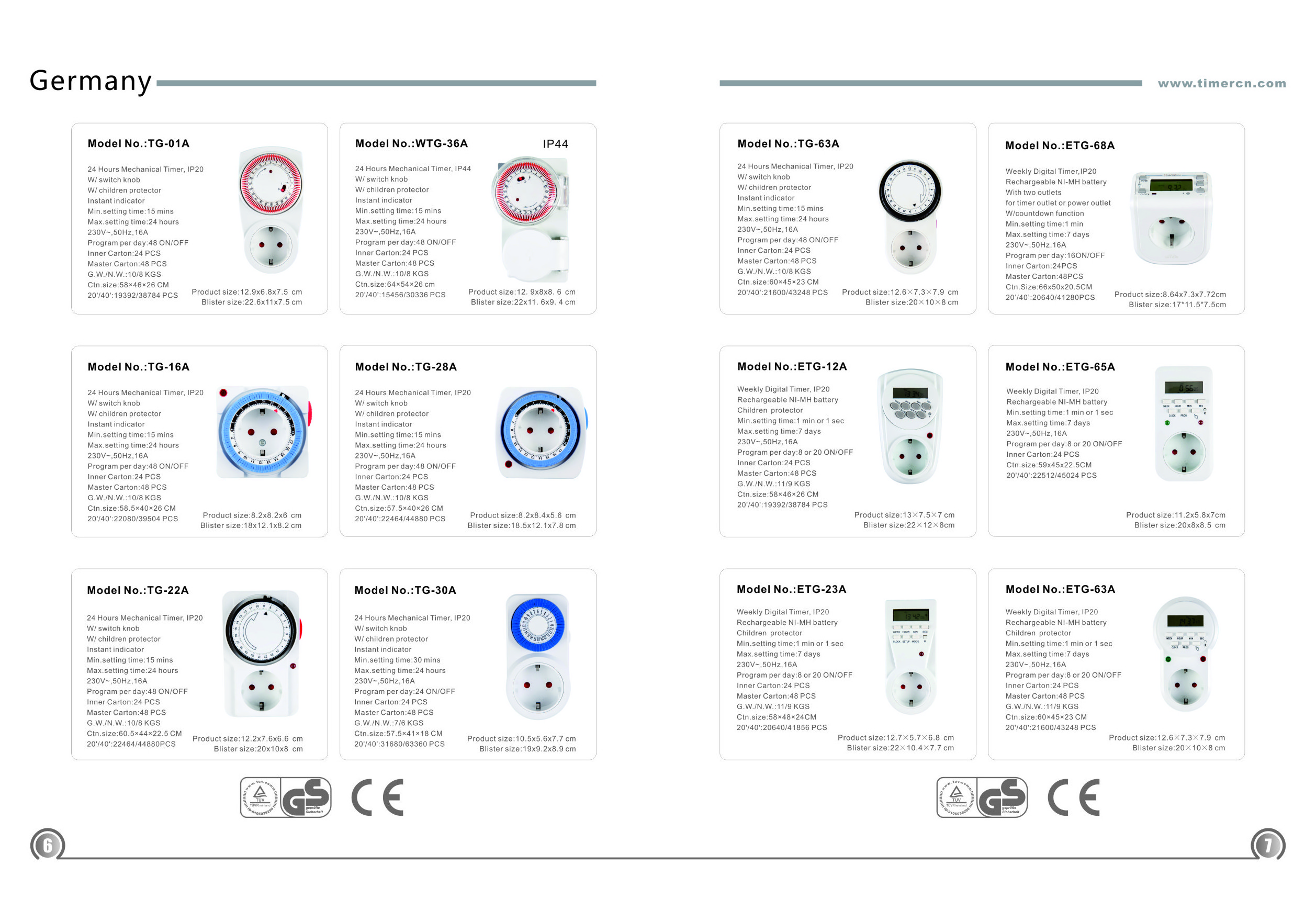 TG-63A Germany 24 Hours Programmable 230V/16A Plug Sockets Mechanical Timer Switches for Home Appliance